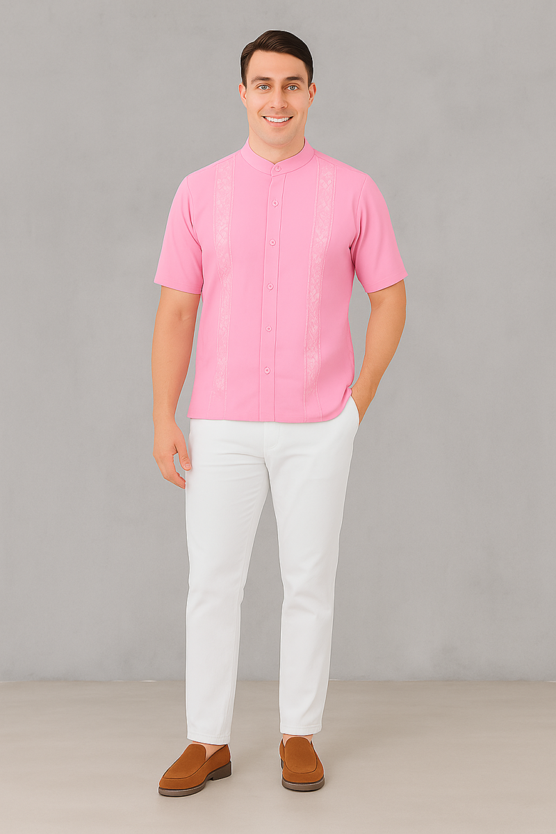 CONJUNTO EN LINO FUCSIA CUELLO NERU MANGA CORTA CON PANTALON BLANCO CF14
