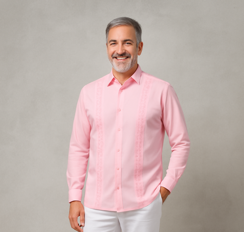 GUAYABERA ROSA LINO MANGA LARGA CUELLO CAMISERO CR15