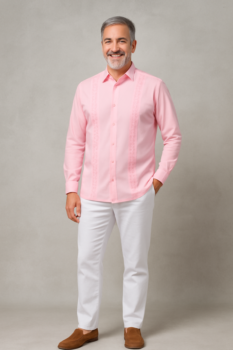 CONJUNTO LINO ROSA CAMISERO MANGA LARGA CON PANTALON BLANCO CR15