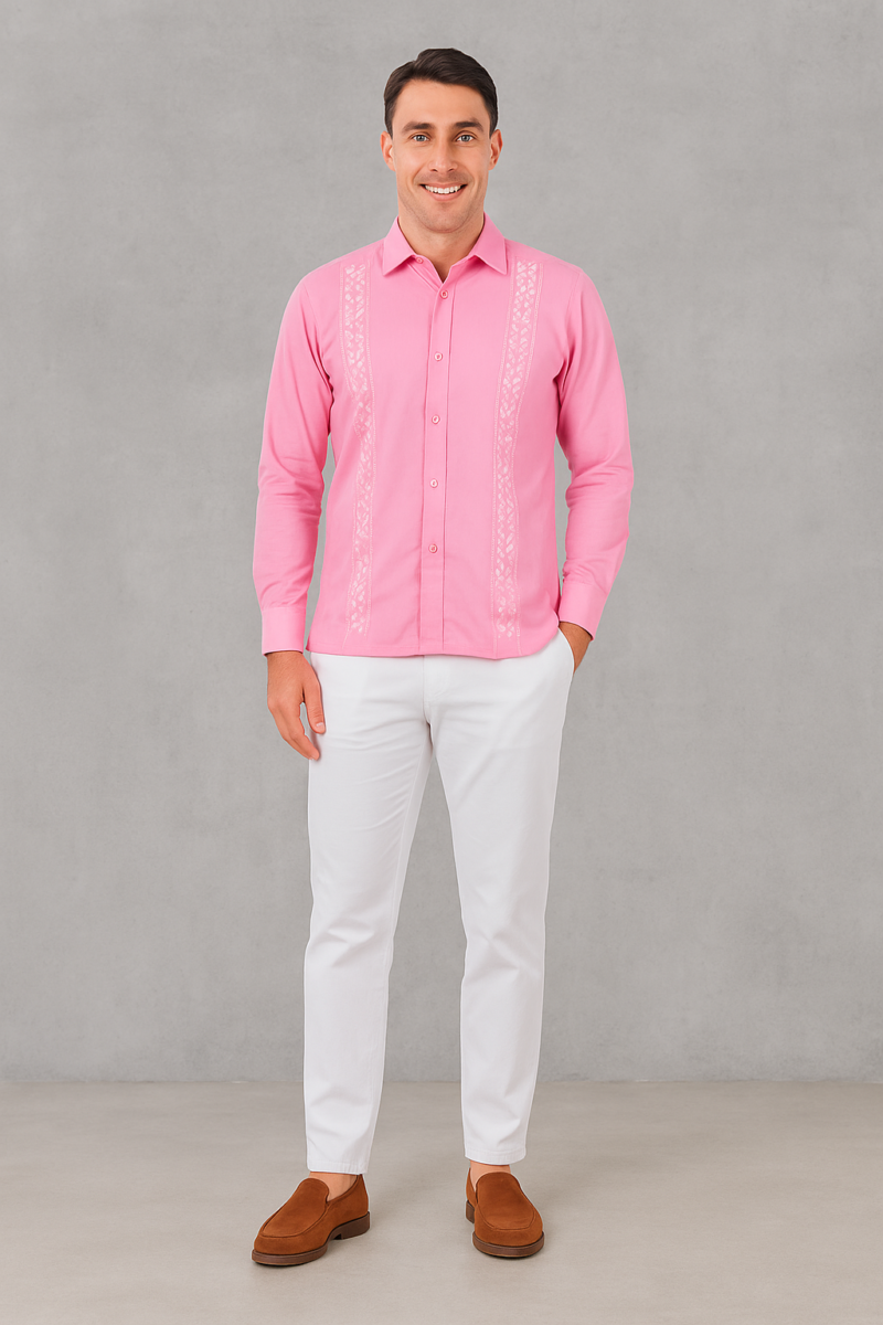 CONJUNTO EN LINO FUCSIA CUELLO CAMISERO ML CON PANTALON BLANCO CF14