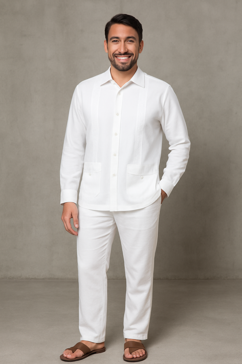 CONJUNTO BLANCO DE LINO CAMISERO MANGA LARGA BL10