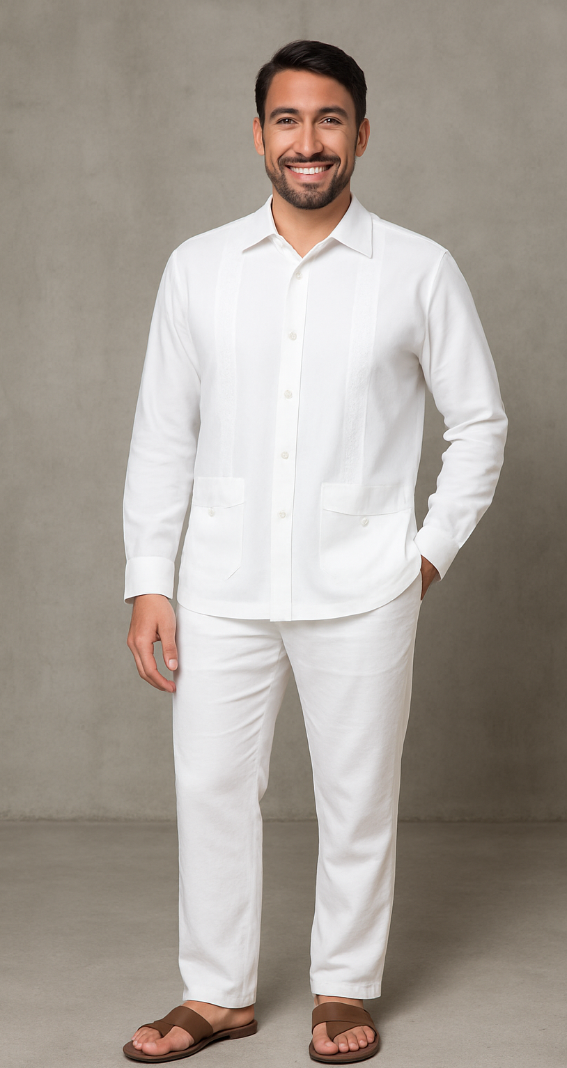 CONJUNTO BLANCO DE LINO CAMISERO MANGA LARGA BL10