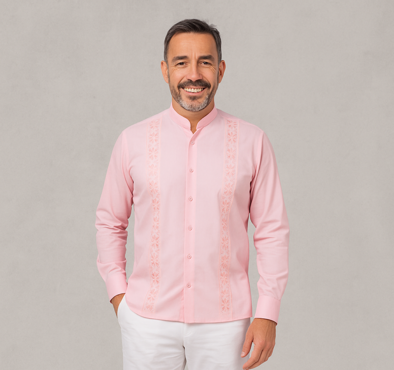 GUAYABERA LINO ROSA CUELLO NERU MANGA LARGA CR15