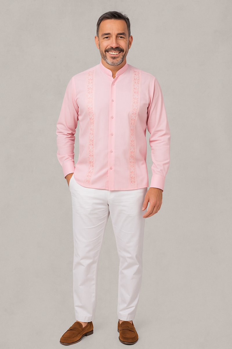 CONJUNTO EN LINO ROSA NERU MANGA LARGA CON PANTALON BLANCO CR15