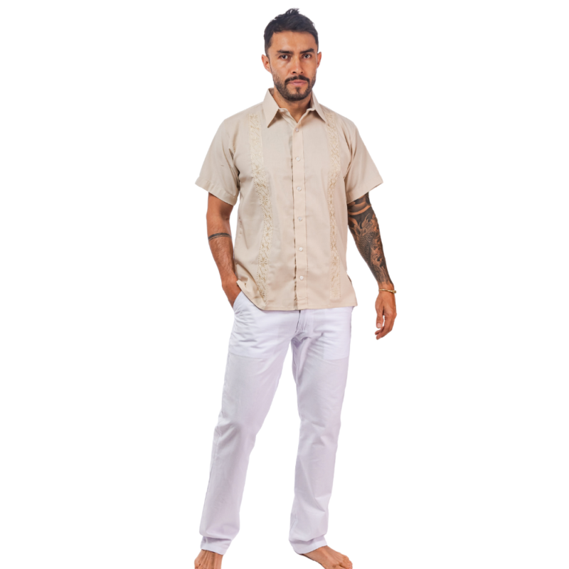 CONJUNTO EN LINO BEIGE VALLECAUCANO CAMISERO MANGA CORTA