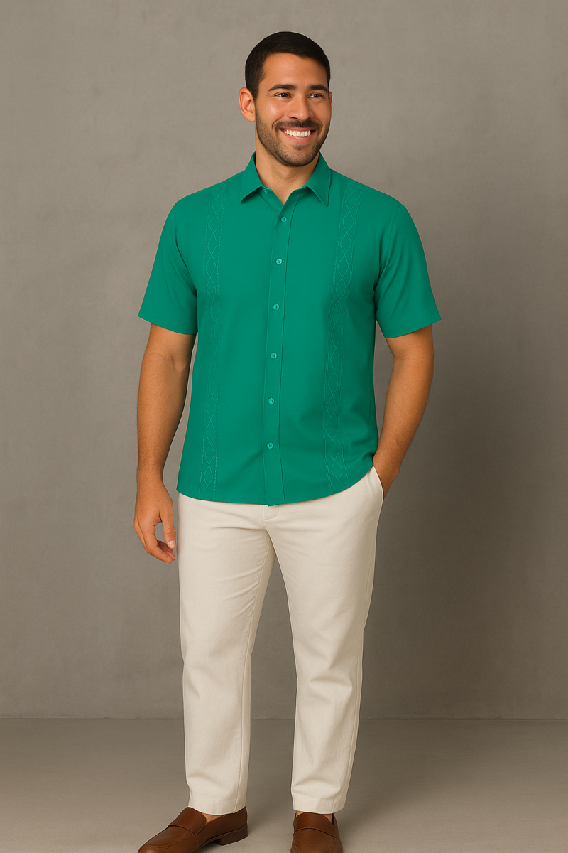 CONJUNTO EN LINO VERDE CON PANTALON PLANCO CUELLO CAMISERO MANGA CORTA  BV12