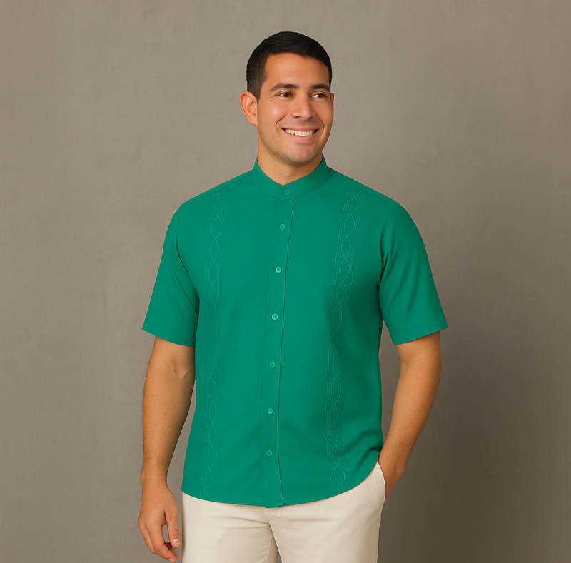 GUAYABERA VERDE LINO CUELLO NERU MANGA CORTA BV12