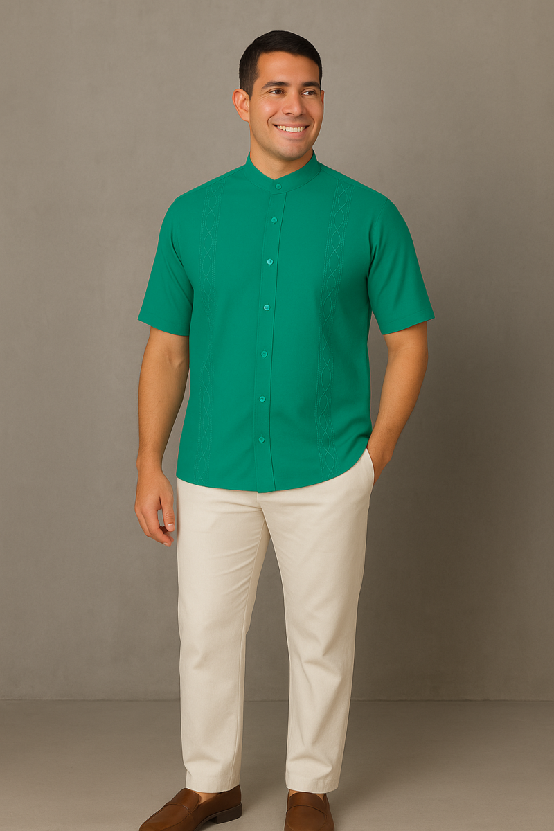 CONJUNTO CAMISA VERDE Y PANTALON BLANCO LINO MANGA CORTA NERU BV12