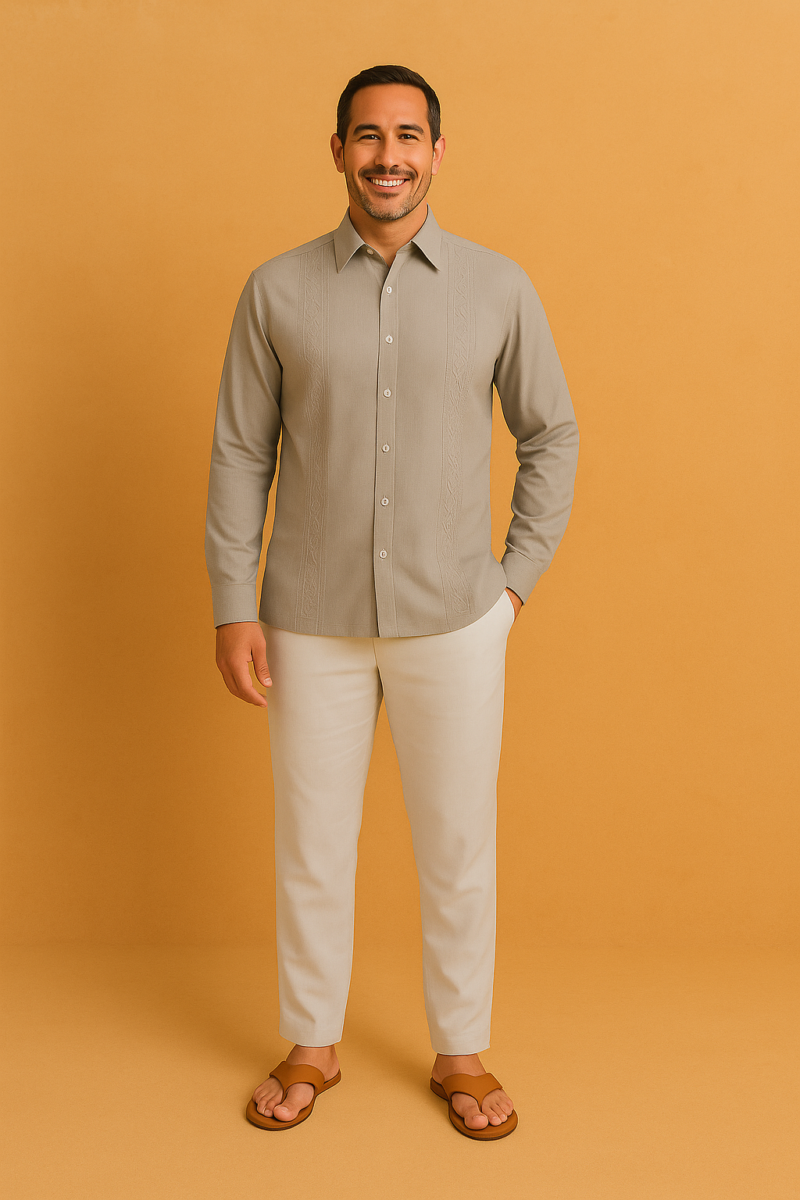 Conjunto lino camisa gris y pantalón blanco