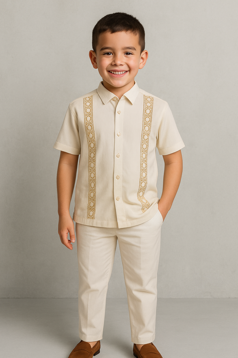 Conjunto lino Niño beige camisero mc