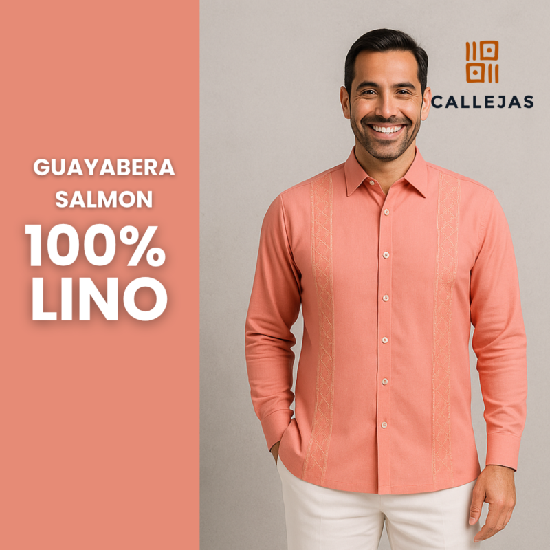 GUAYABERA SALMON EN LINO CUELLO CAMISERO MANGA LARGA