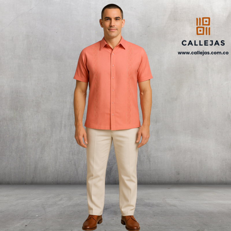 Conjunto lino camisa salmon y pantalón blanco manga corta