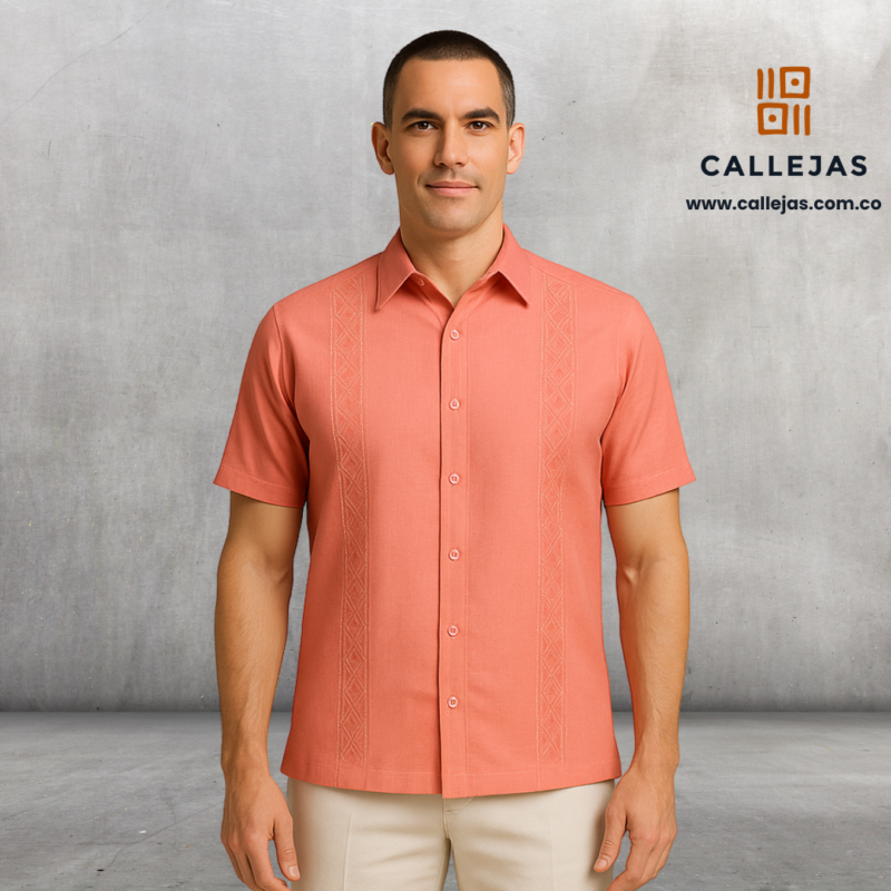 GUAYABERA SALMON EN LINO CUELLO CAMISERO MANGA CORTA