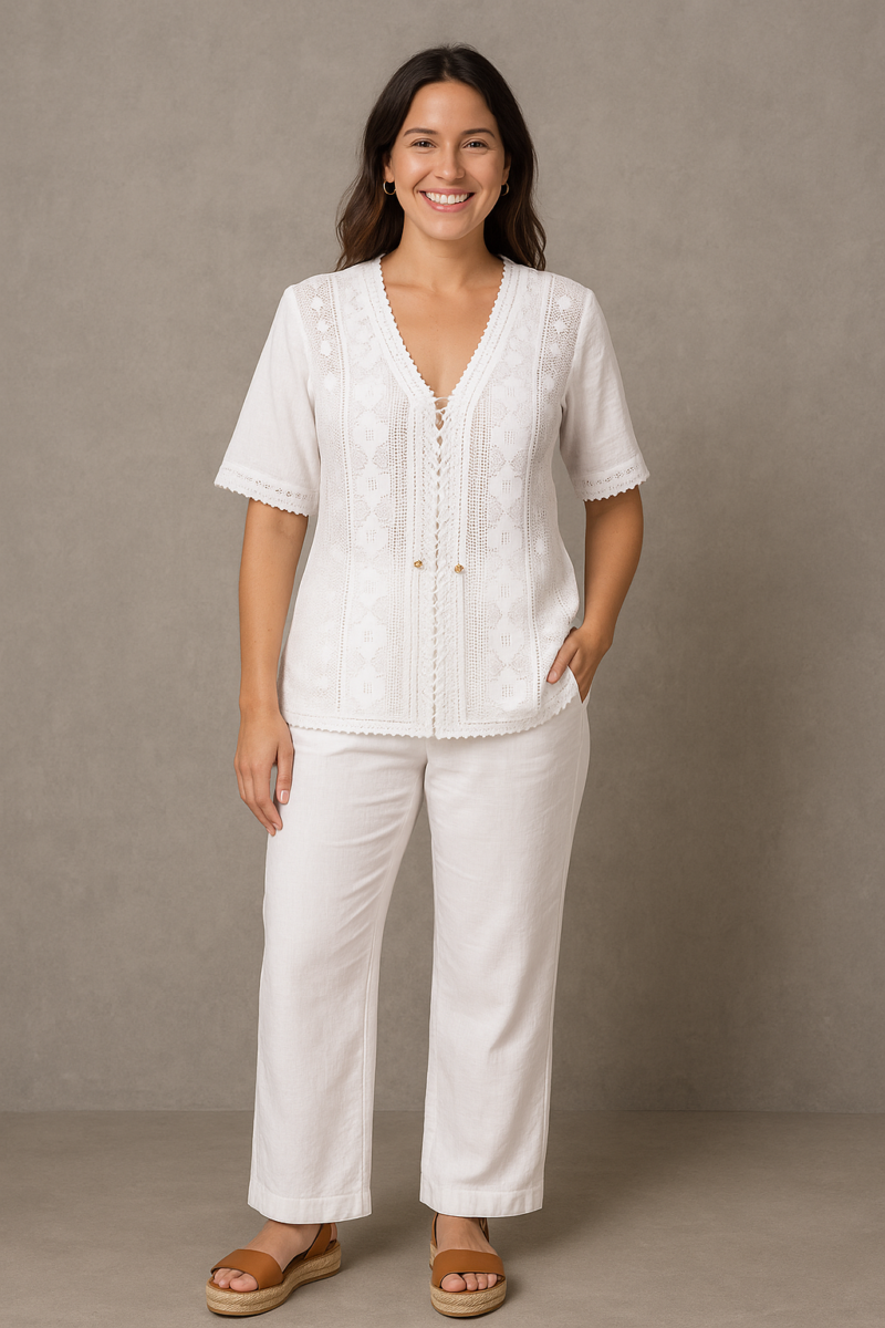 Conjunto blanco de dama bordado flores blancas