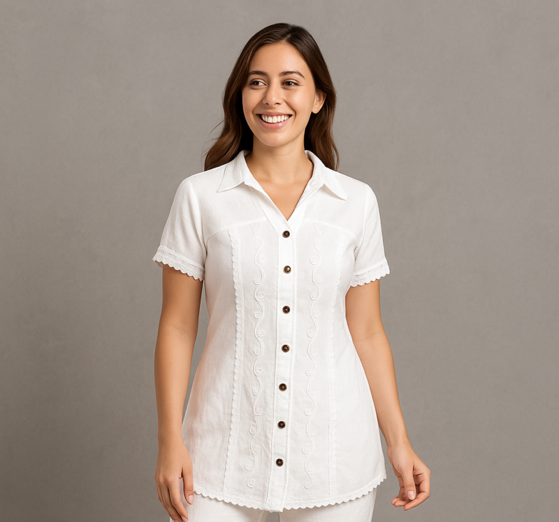 Camisa blanca dama con aplique y bordado