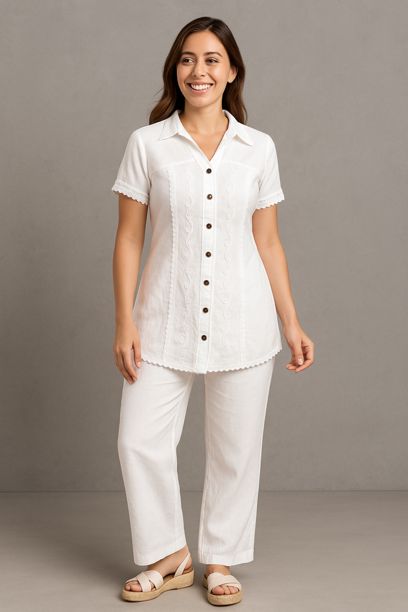 Conjunto blanco de dama con aplique y bordado