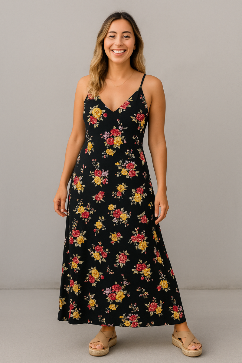 Vestido dama fondo negro flor grande