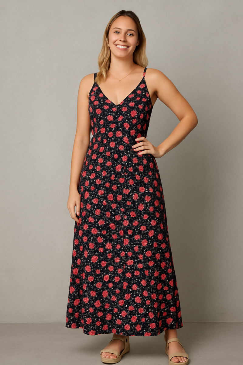 Vestido dama fondo negro flor pequeña